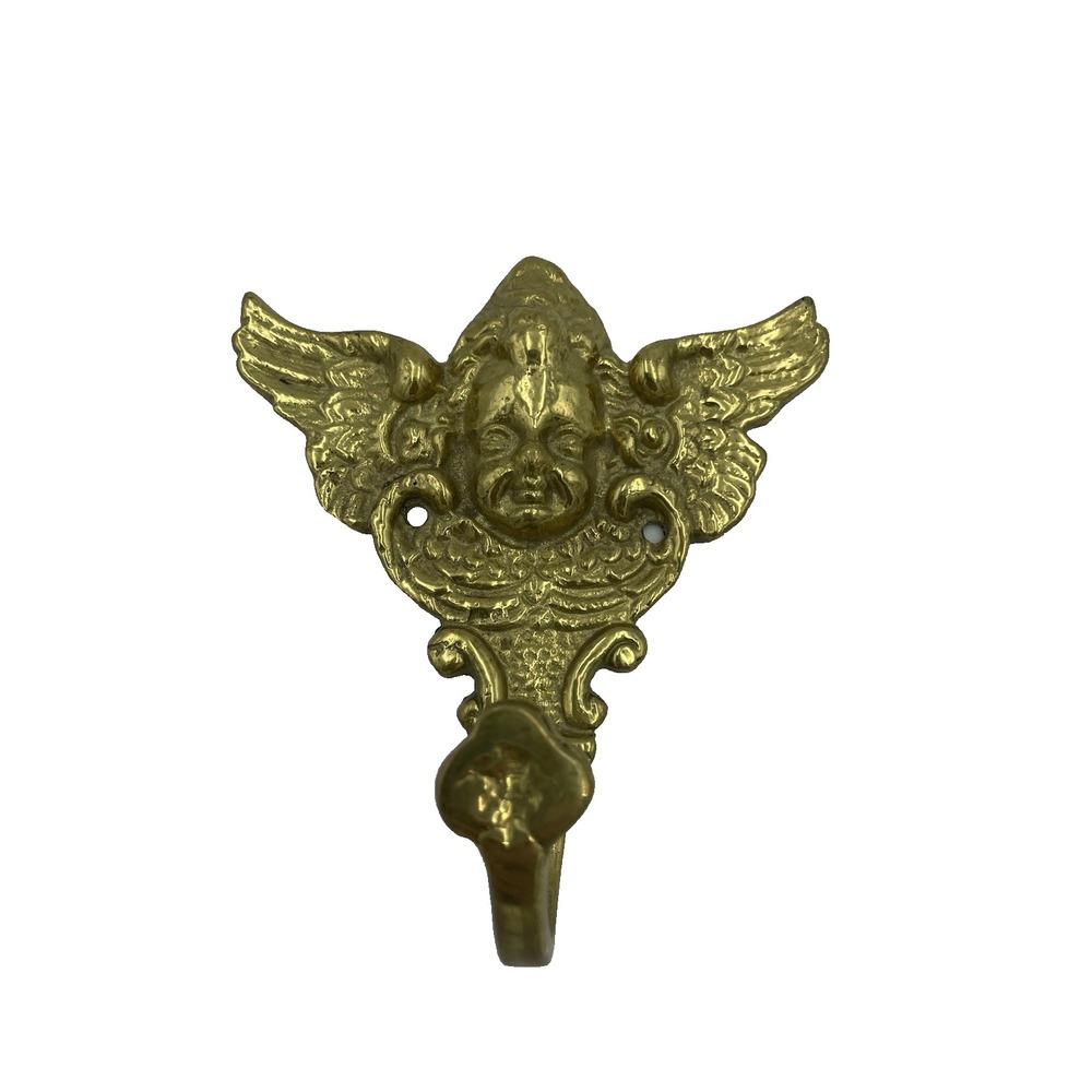 Vtg Solid Brass Angel Cherub Decorative Wall Hanger Robe Towel Hat Key Hook